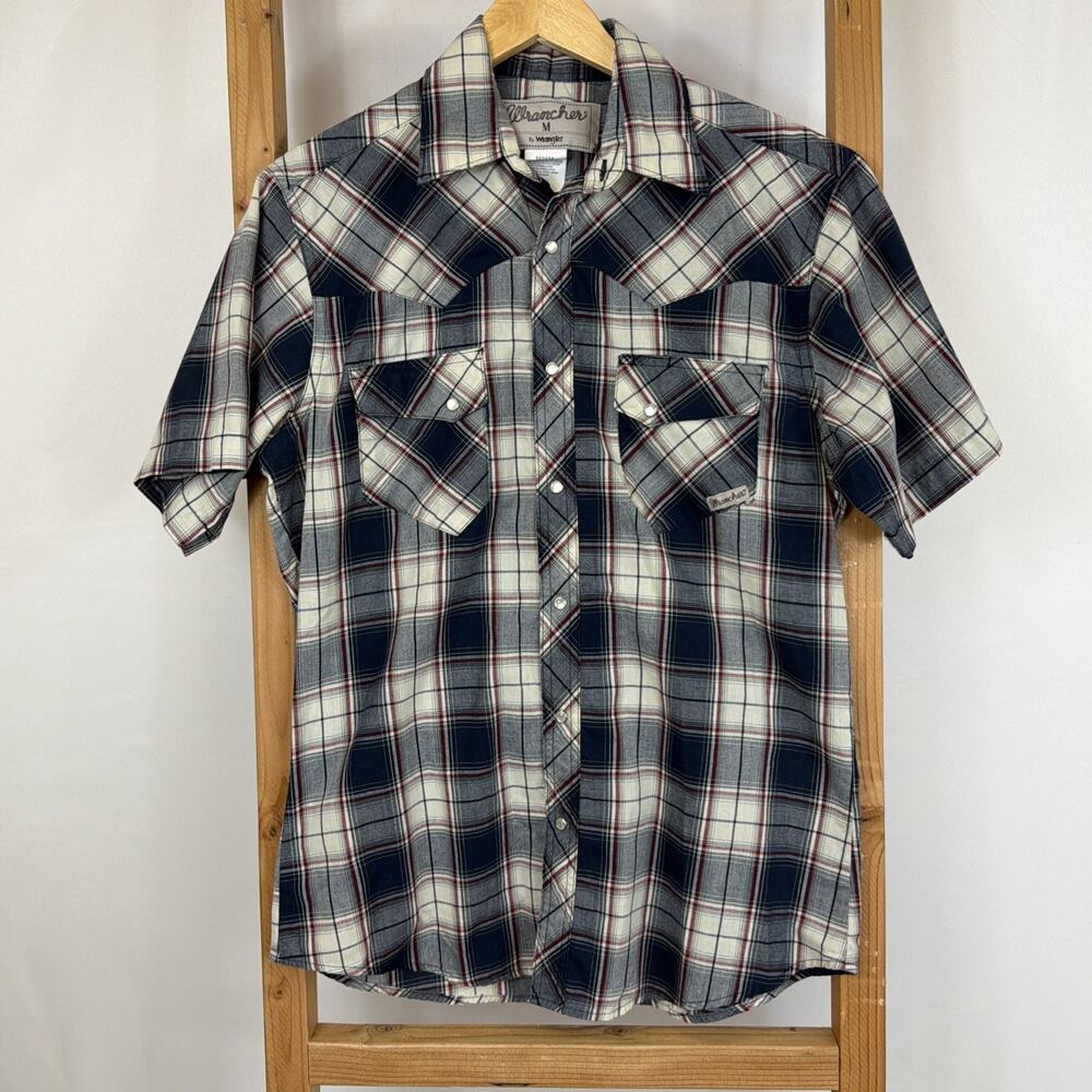 Wrangler Modern Western Pearl Snap Plaid Button Up Short Sleeve Top SMALL Mens